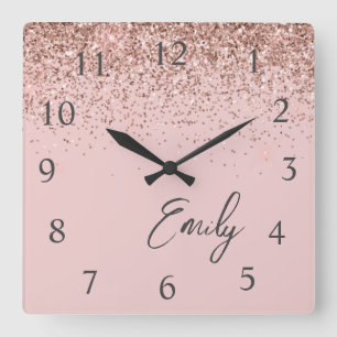 Girl Rose Gold Blush Pink Glitzer Monogram Quadratische Wanduhr
