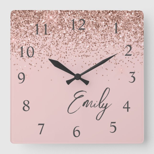 Girl Rose Gold Blush Pink Glitzer Monogram Quadratische Wanduhr (Vorderseite)