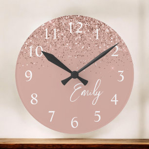 Girl Rose Gold Blush Pink Glitzer Monogram Runde Wanduhr