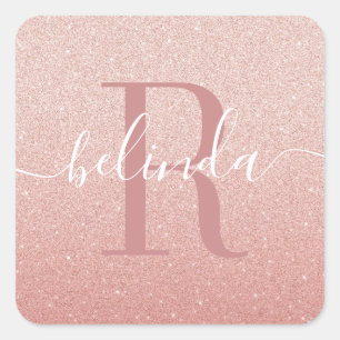 Girl Rose Gold Blush Pink Monogram Name Quadratischer Aufkleber