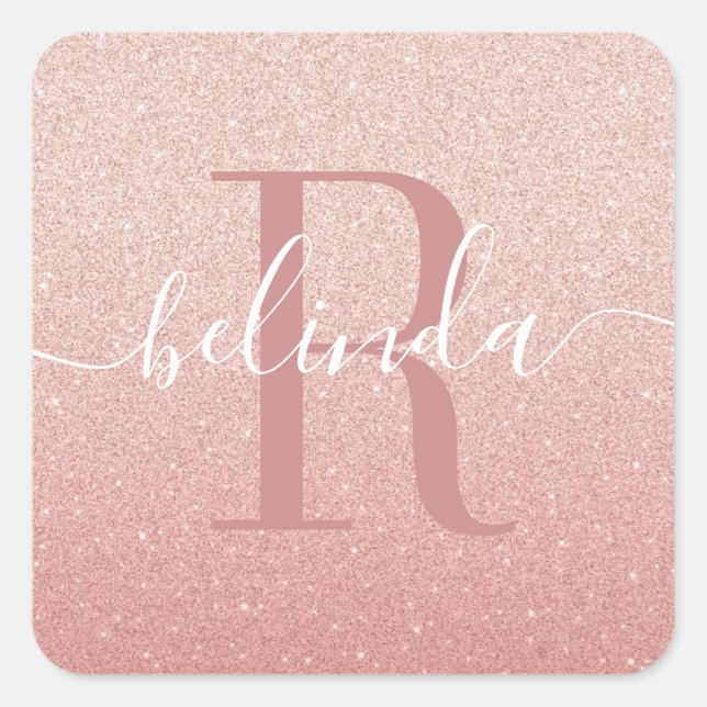 Girl Rose Gold Blush Pink Monogram Name Quadratischer Aufkleber (Vorderseite)