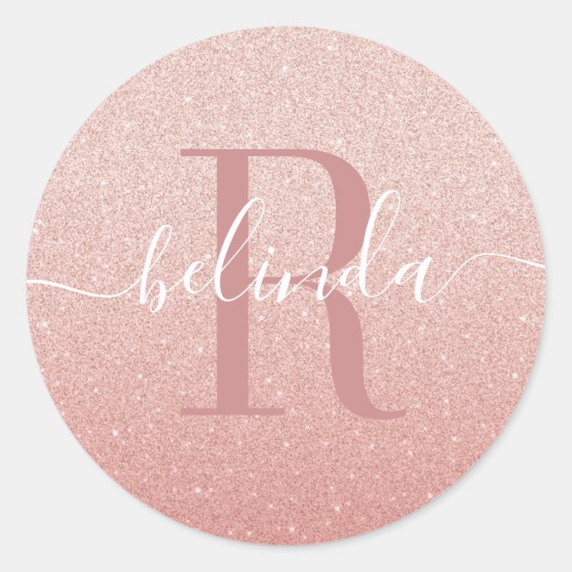 Girl Rose Gold Blush Pink Monogram Name Runder Aufkleber (Vorderseite)