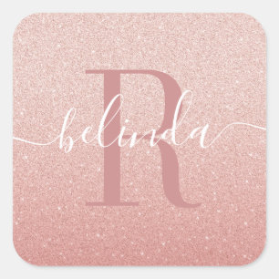 Girl Rose Gold Blush Pink Monogram Name Square St Quadratischer Aufkleber