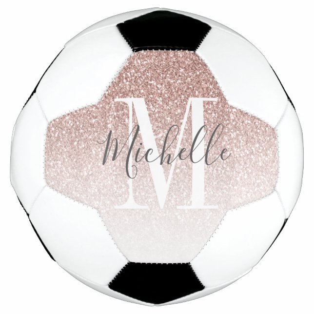 Girl Rose Gold Blush Rosa Glitzer Monogram Name Fußball (Vorderseite)