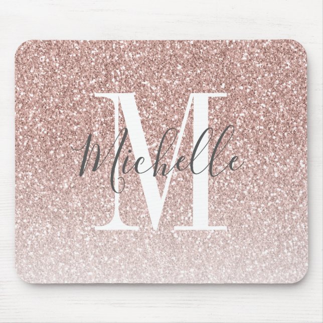 Girl Rose Gold Blush Rosa Glitzer Monogram Name Mousepad (Vorne)