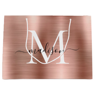 Girl Rose Gold Brushed Metal Monogram Script Name Große Geschenktüte