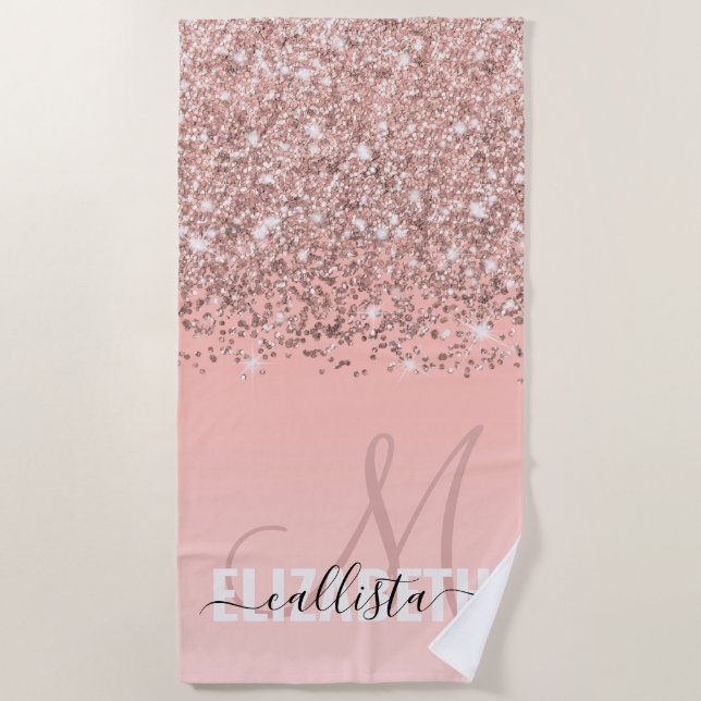 Girl Rose Gold Confetti Rosa Farbenmonogramm Strandtuch (Vorderseite)