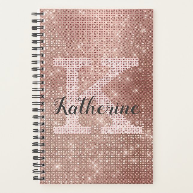 Girl Rose Gold Diamond Glam Sparkle Monogram Name Planer (Vorderseite)