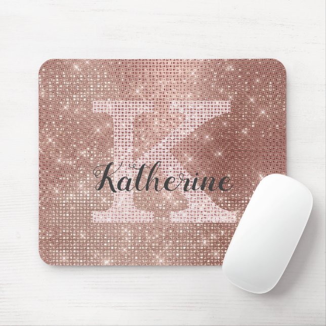 Girl Rose Gold Glam Diamond Sparkle Monogram Name Mousepad (Mit Mouse)