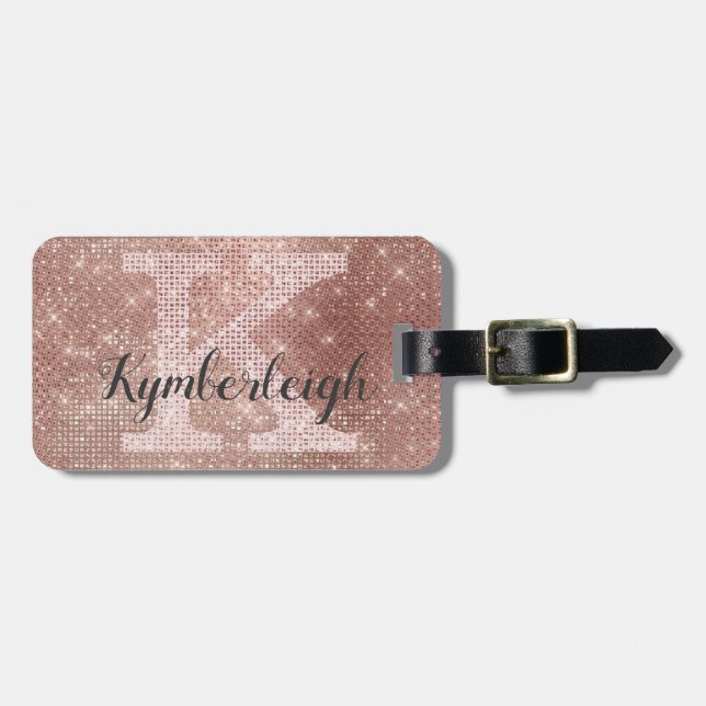 Girl Rose Gold Glam Diamond Sparkle Monogramm Name Gepäckanhänger (Vorderseite horizontal)