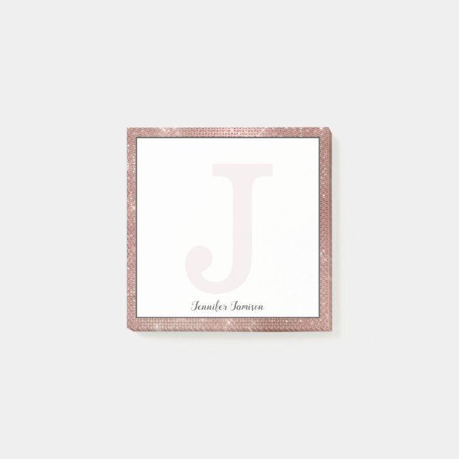 Girl Rose Gold Glam Sparkle Kleine Monogramm Name Post-it Klebezettel (Vorderseite)