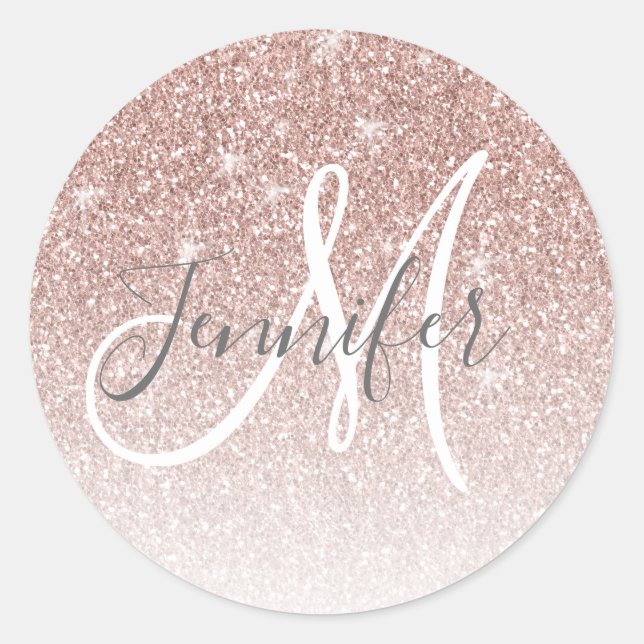Girl Rose Gold Glitzer Blush Monogram Name Runder Aufkleber (Vorderseite)
