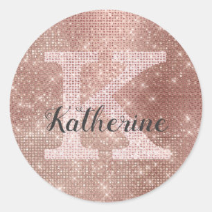 Girl Rose Gold Glitzer Glam Sparkle Monogram Name Runder Aufkleber