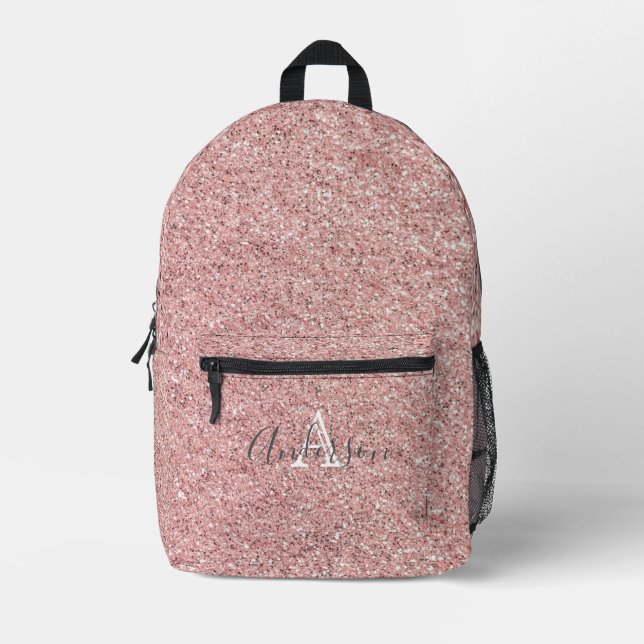 Girl Rose Gold Glitzer Glitzern Monogram Name Bedruckter Rucksack (Vorderseite)