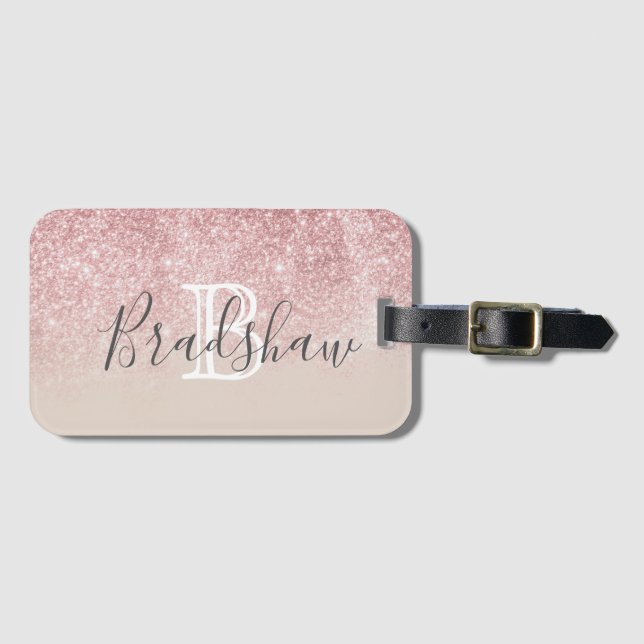 Girl Rose Gold Glitzer Glitzern Monogram Name Gepäckanhänger (Vorderseite (Horizontal))