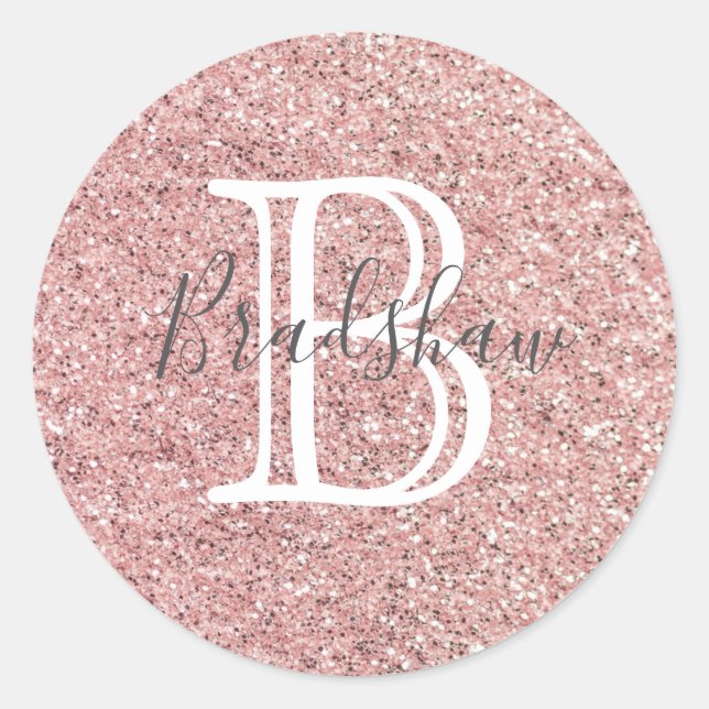 Girl Rose Gold Glitzer Glitzern Monogram Name Runder Aufkleber (Vorderseite)