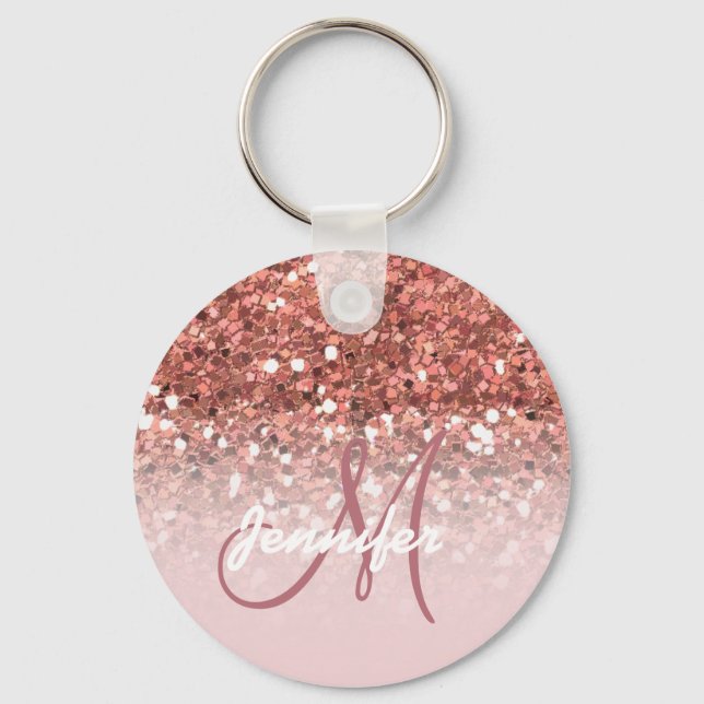 Girl Rose Gold Glitzer Glitzern Monogram Name Schlüsselanhänger (Vorderseite)
