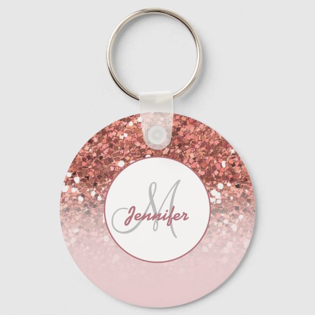 Girl Rose Gold Glitzer Glitzern Monogram Name Schlüsselanhänger (Vorderseite)