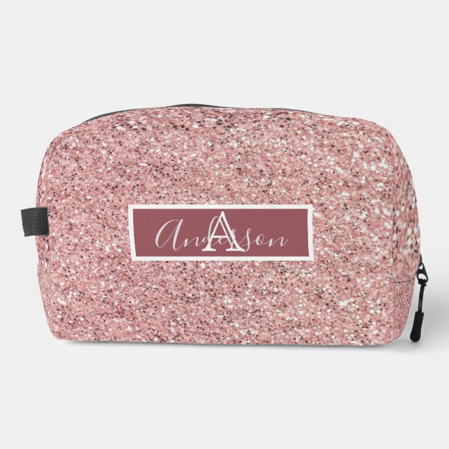 Girl Rose Gold Glitzer Glitzern Monogram Name Waschbeutel (Vorderseite)