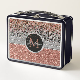 Girl Rose Gold Glitzer Leopard Monogram Metall Brotdose