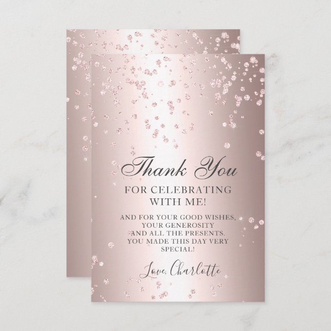 Girl Rose Gold Glitzer Metallic 16 . Geburtstag Dankeskarte (Vorne/Hinten)