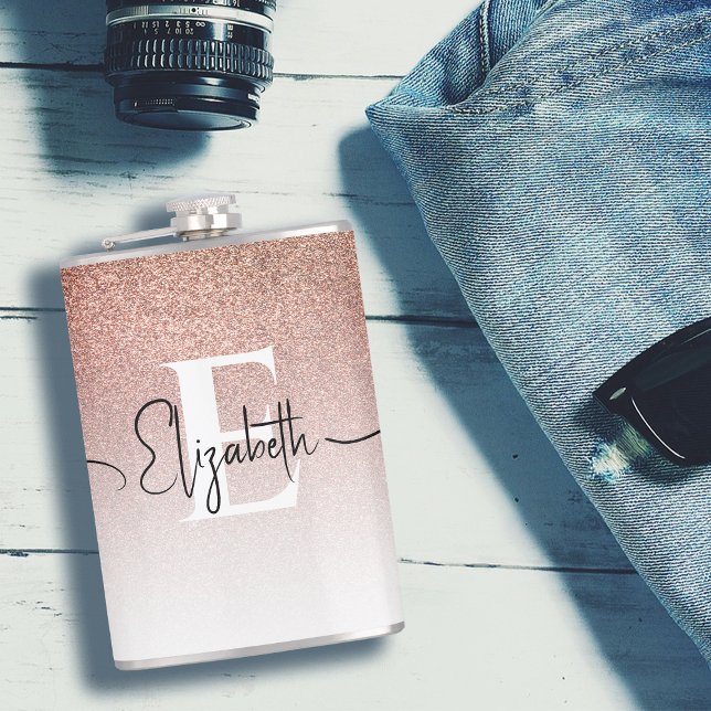 Girl Rose Gold Glitzer Monogram Black Script Name Flachmann (Von Creator hochgeladen)