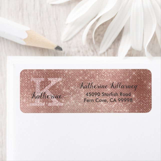 Girl Rose Gold Glitzer Monogram Rücksendeadresse (Insitu)