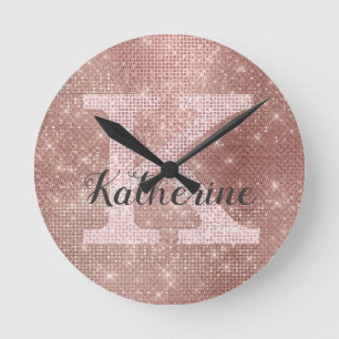 Girl Rose Gold Glitzer Sparkle Glam Monogram Name Runde Wanduhr
