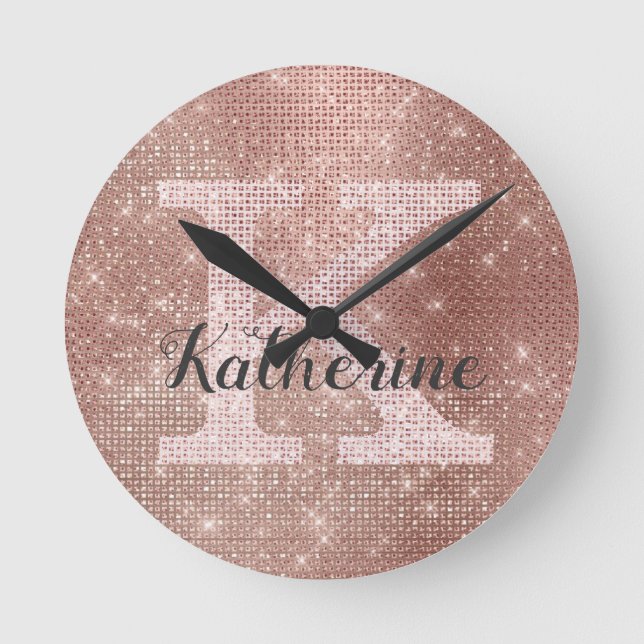 Girl Rose Gold Glitzer Sparkle Glam Monogram Name Runde Wanduhr (Vorderseite)