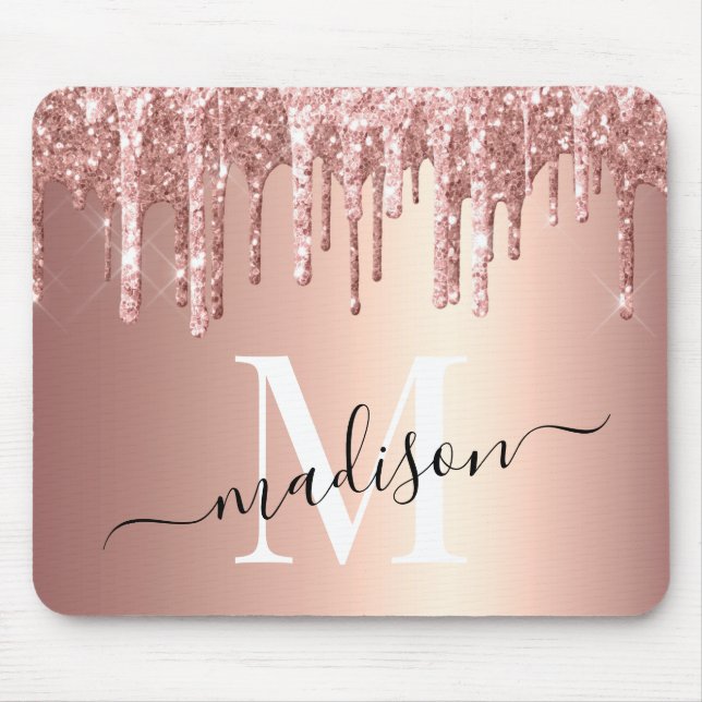 Girl Rose Gold Glitzer Tropfen Foil Monogram Mousepad (Vorne)