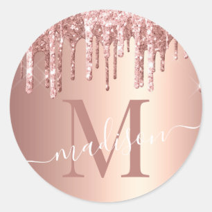 Girl Rose Gold Glitzer Tropfen Foil Monogram Runder Aufkleber