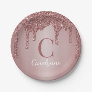 Girl Rose Gold Glitzer Tropfen Monogram Birthday Pappteller