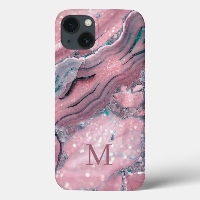 Girl Rose Gold Pink Agate Quarz Glitzer Monogram Case-Mate iPhone Hülle (Rückseite)