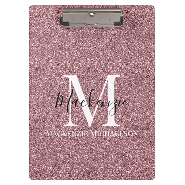 Girl Rose Gold Pink Glitzer Monogram Name Klemmbrett (Vorderseite)