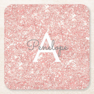 Girl Rose Gold Pink Glitzer Sparkle Monogramm Rechteckiger Pappuntersetzer