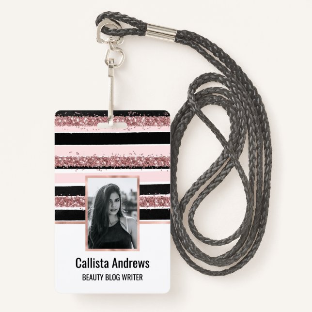 Girl Rose Gold Rosa Schwarzer Glitzer Streifen Mus Ausweis (Vorderseite mit Schlüsselband)