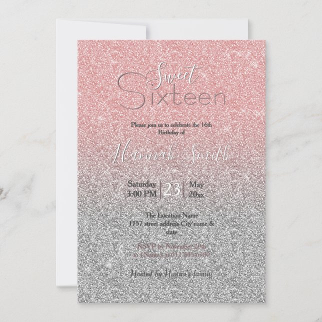Girl Rose Gold Silver Glitzer Ombre Design Einladung (Vorderseite)