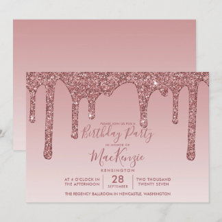 Girl Rose Gold Sparkle Glitzer Tropfen Geburtstag Einladung