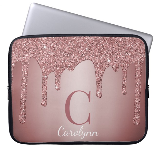 Girl Rose Gold Sparkle Glitzer Tropfen Monogram Laptopschutzhülle (Vorderseite)