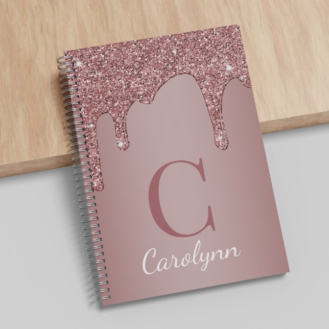Girl Rose Gold Sparkle Glitzer Tropfen Monogram Notizbuch (Von Creator hochgeladen)