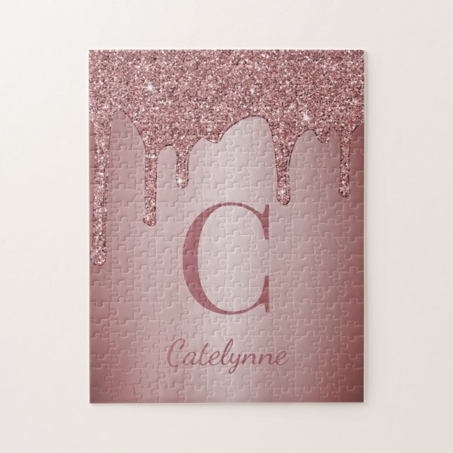 Girl Rose Gold Sparkle Glitzer Tropfen Monogram Puzzle (Vertikal)