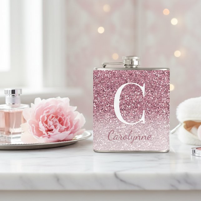 Girl Rose Gold Sparkle Ombre Glitzer Monogram Flachmann (Girly Rose Gold Sparkle Ombre Glitter Monogram Flask)