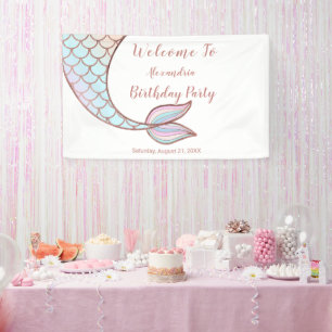 Girl Rose Gold White Mermaid Schwanz Pool Geburtst Banner
