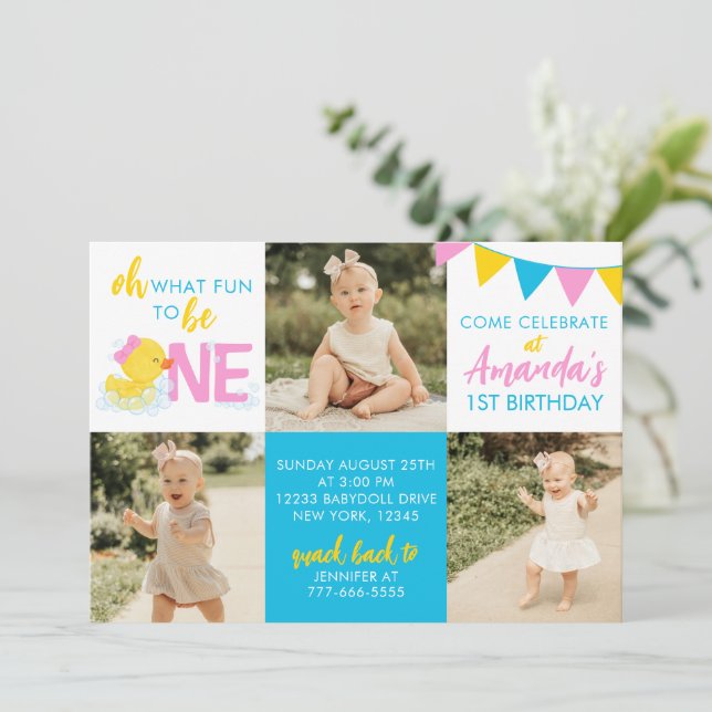 Girl Rubber Duck 3 Foto Einladung zum Geburtstag (Stehend Vorderseite)