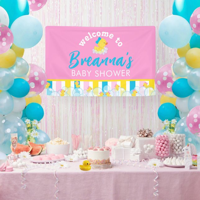 Girl Rubber Duck Baby Shower Empfang Banner (Welcome to Girl Rubber Ducky Hanging Vinyl Baby Shower Banner in Pink)