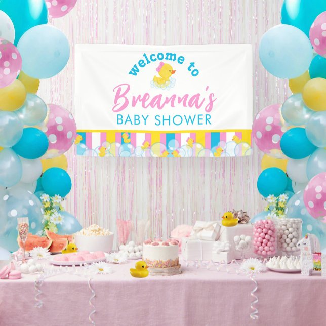 Girl Rubber Duck Baby Shower Empfang Banner (Welcome to Girl Rubber Ducky Hanging Vinyl Baby Shower Banner in White)
