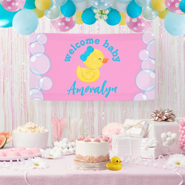 Girl Rubber Duck Begrüßungsname Hängend Banner (Girl Rubber Duck Welcome Baby Name Hanging Vinyl Baby Shower Banner in Pink)
