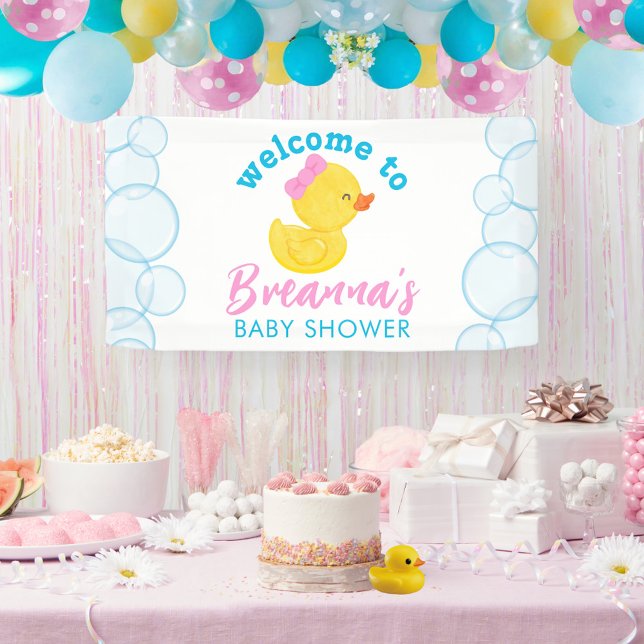 Girl Rubber Ducky Baby Duwer Willkommenshändler Banner (Girl Rubber Duck Baby Shower Welcome Hanging Vinyl Banner in White)