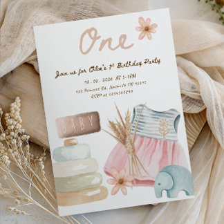 Girl’s 1st Birthday Party- Cute Baby Clothes Theme Einladung