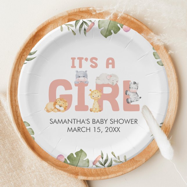 Girl Safari Animal Baby Shower  Pappteller (Safari Jungle Animals Baby Shower Paper Plate)